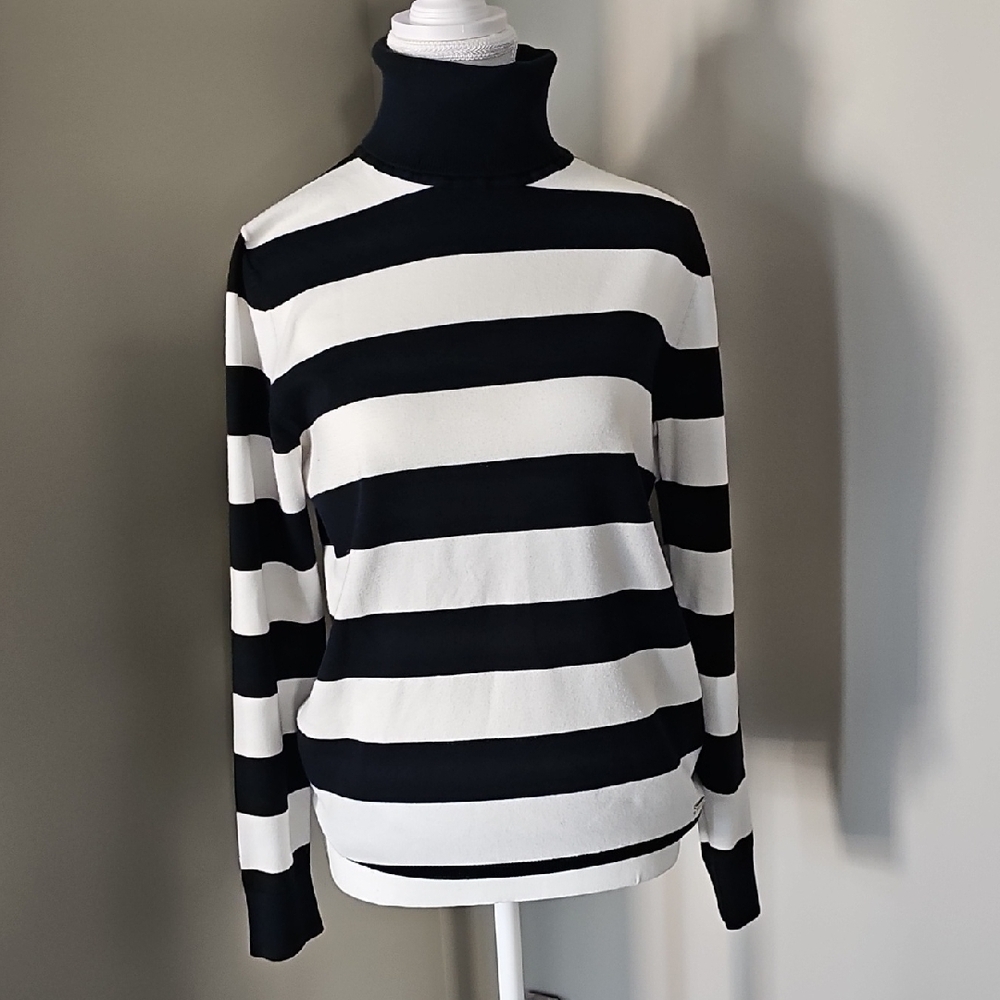 Tommy Hilfier Navy and White Striped Turtleneck Sweater With Gold Details. Sz M.